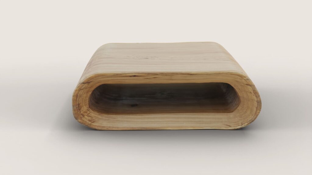 Modern wooden coffee table Oze with rounded edges and open inner design