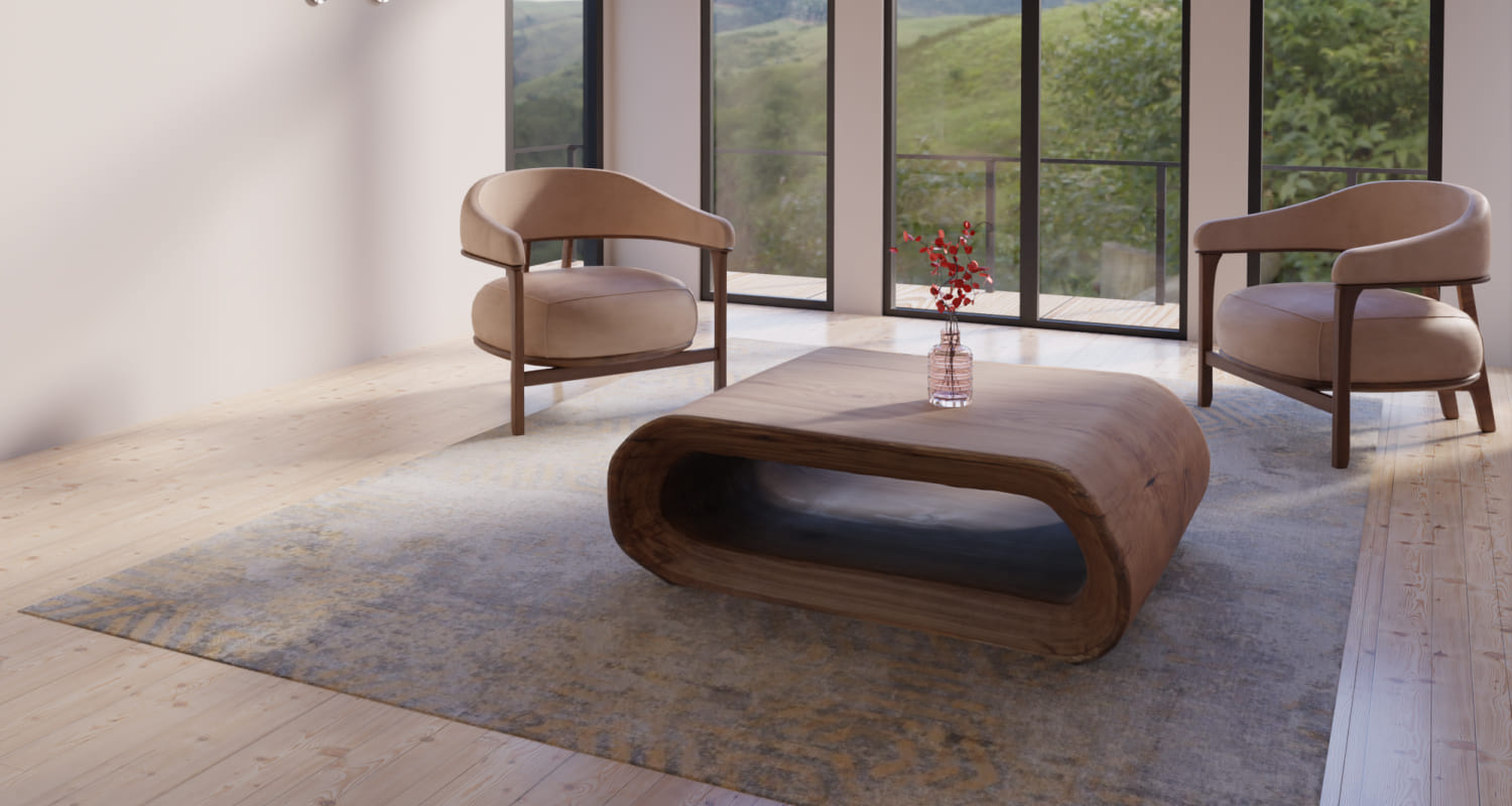 OZE luxury wooden coffee table in minimalist living room with armchairs and large windows