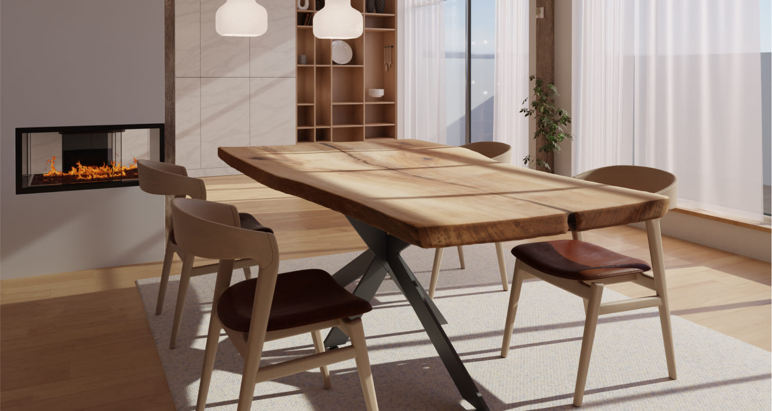 Solid wood Sorrel dining table with natural edge in bright modern interior near fireplace