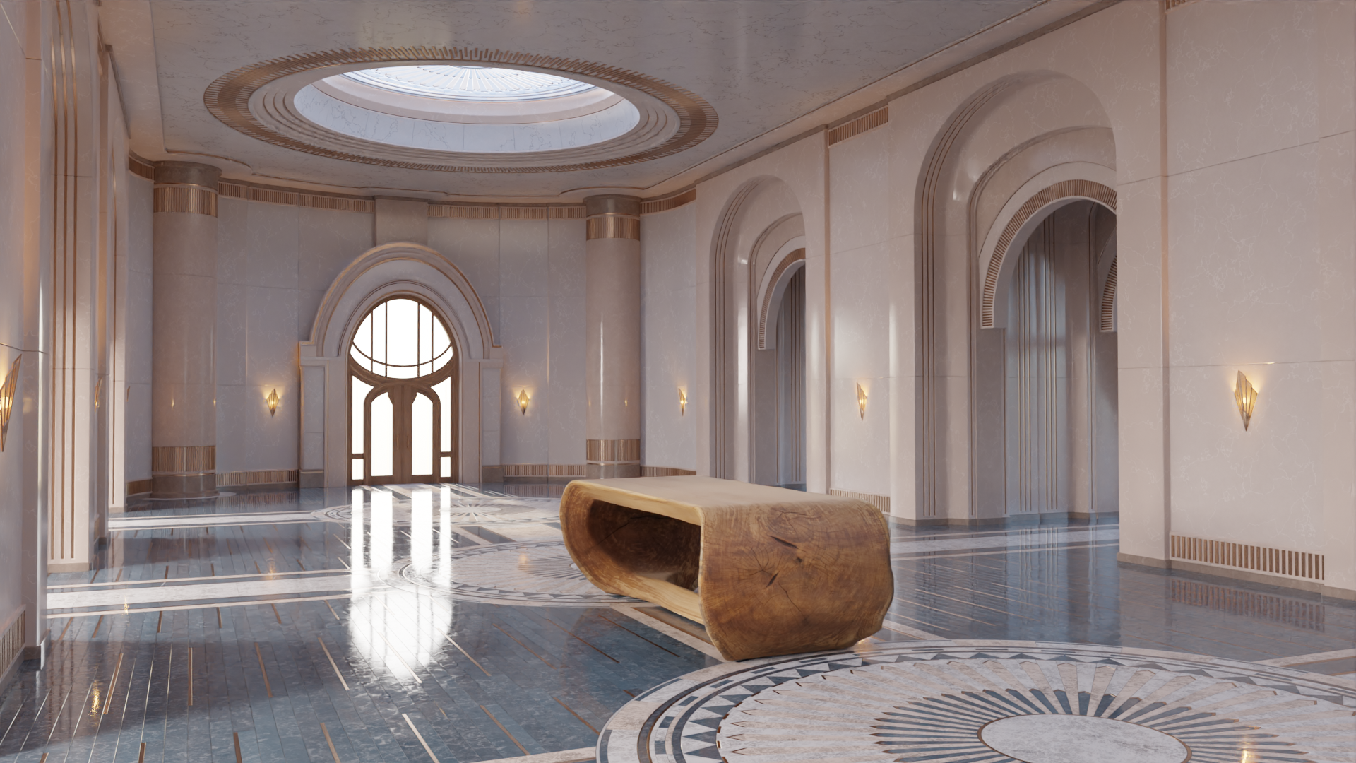 Side view of OZE sculptural wooden table end grain and live edge in a bright gallery