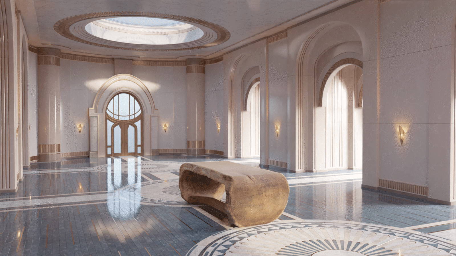 OZE sculptural wooden table displayed in gallery with sunflowers and minimalist chairs