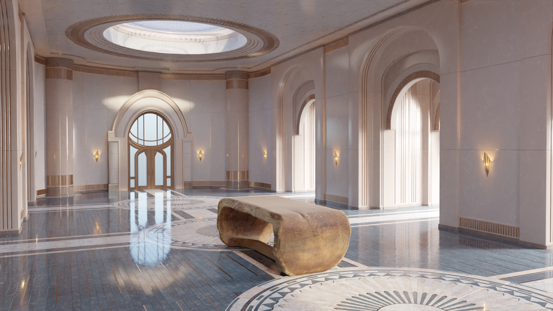 OZE sculptural wooden table displayed in gallery with sunflowers and minimalist chairs